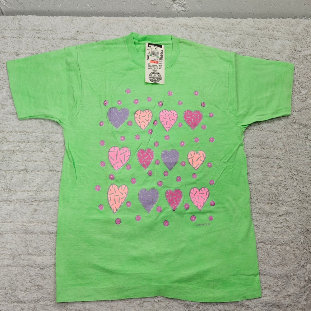 VTG 80s Retro Heart Tshirt Womens‎ L Pastel Green Sharkys Target Deadstock